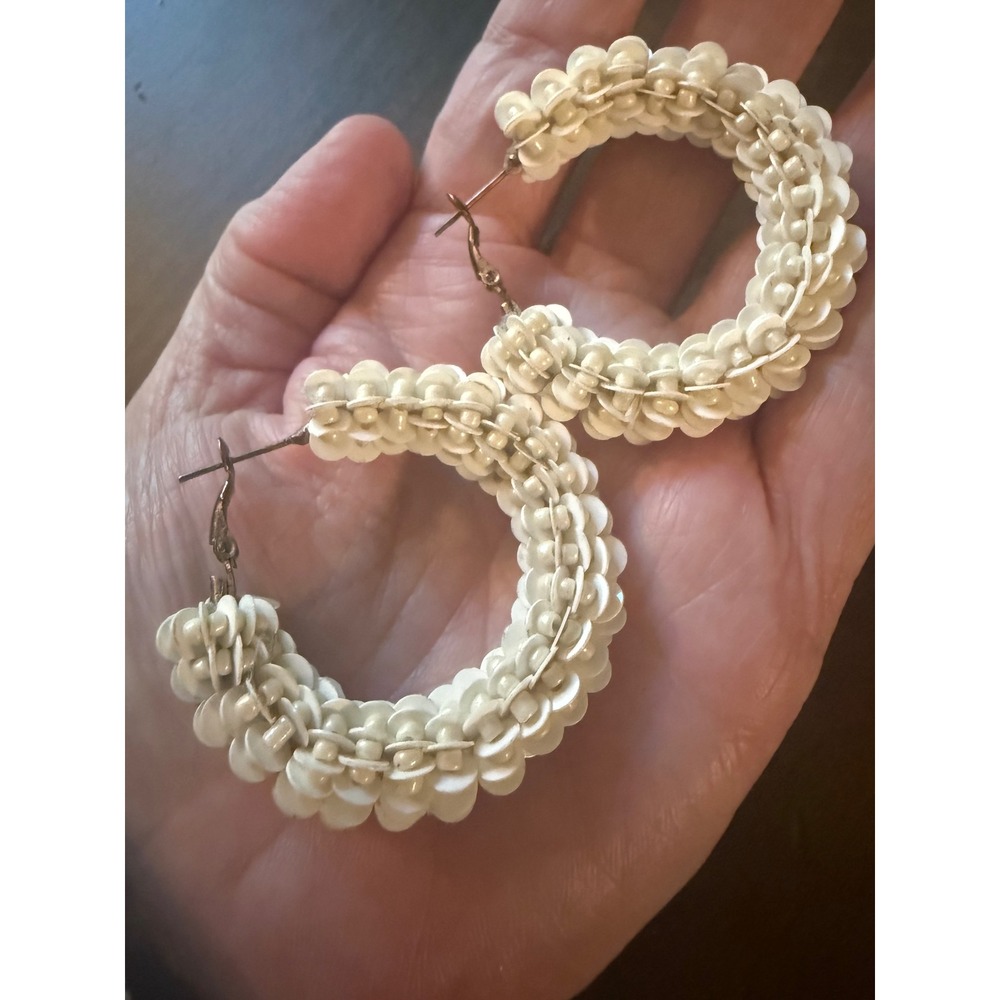 Ivory Faux Pearl Sequin Beaded Hoop Earrings Large Boho Floral Beachy Bridal
